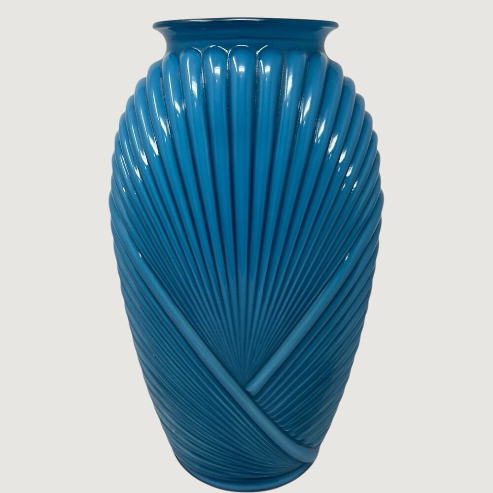 Teal Ribbed Glass Vase Art Deco Style 1990s Sculptural Statement Decor - Picture 2 of 6